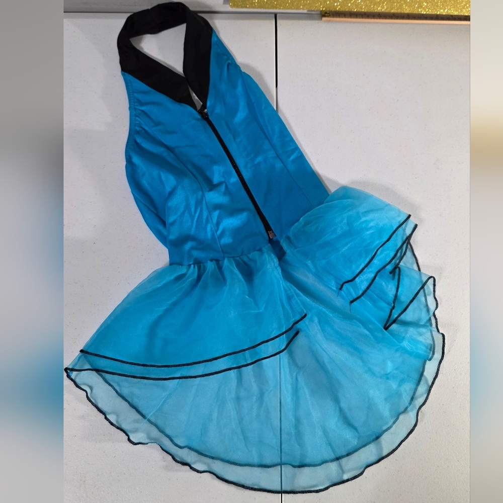 Kelle Turquoise Blue & Black Halter Dance Costume CHILD Size LARGE